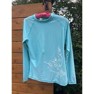 Aqua Blue Floral Rash Guard Women Size L Long Sleeve Swim Shirt Turquoise